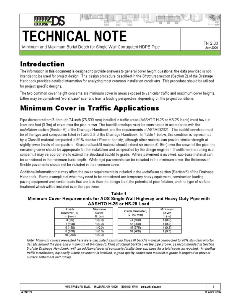 ADS Single Wall HDPE Pipe MinMax Cover Heights Road Surface Pipe