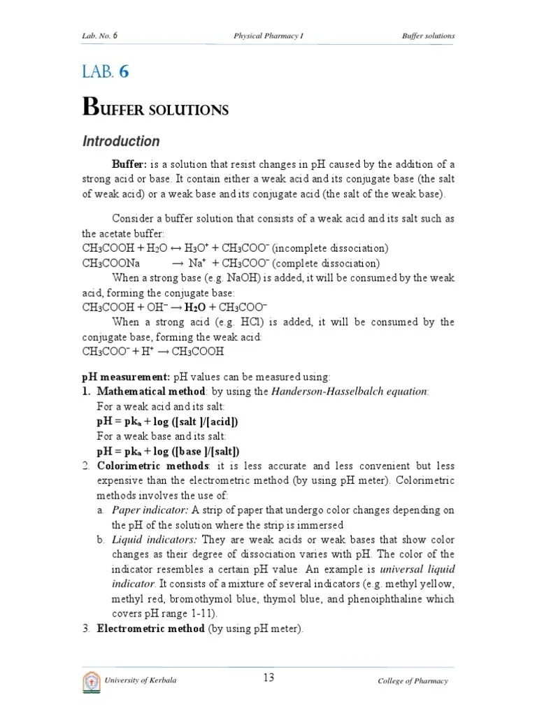 Lab. 6 Buffer Solutions Buffer Solution Ph