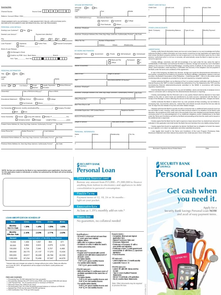 Security Bank Personal Loan App Form Loans Credit (Finance)