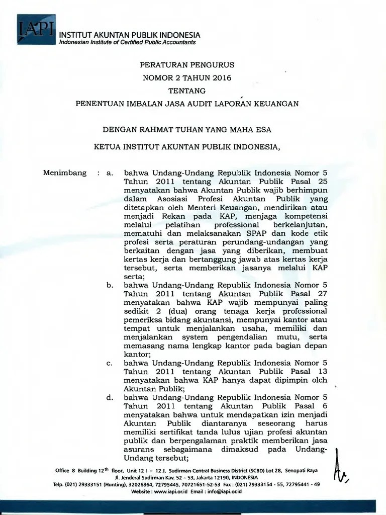PP No 2 Tahun 2016 Tentang Penentuan Imbalan Jasa Audit Laporan