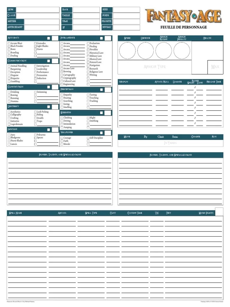 Fantasy Age Feuille de Personnage PDF