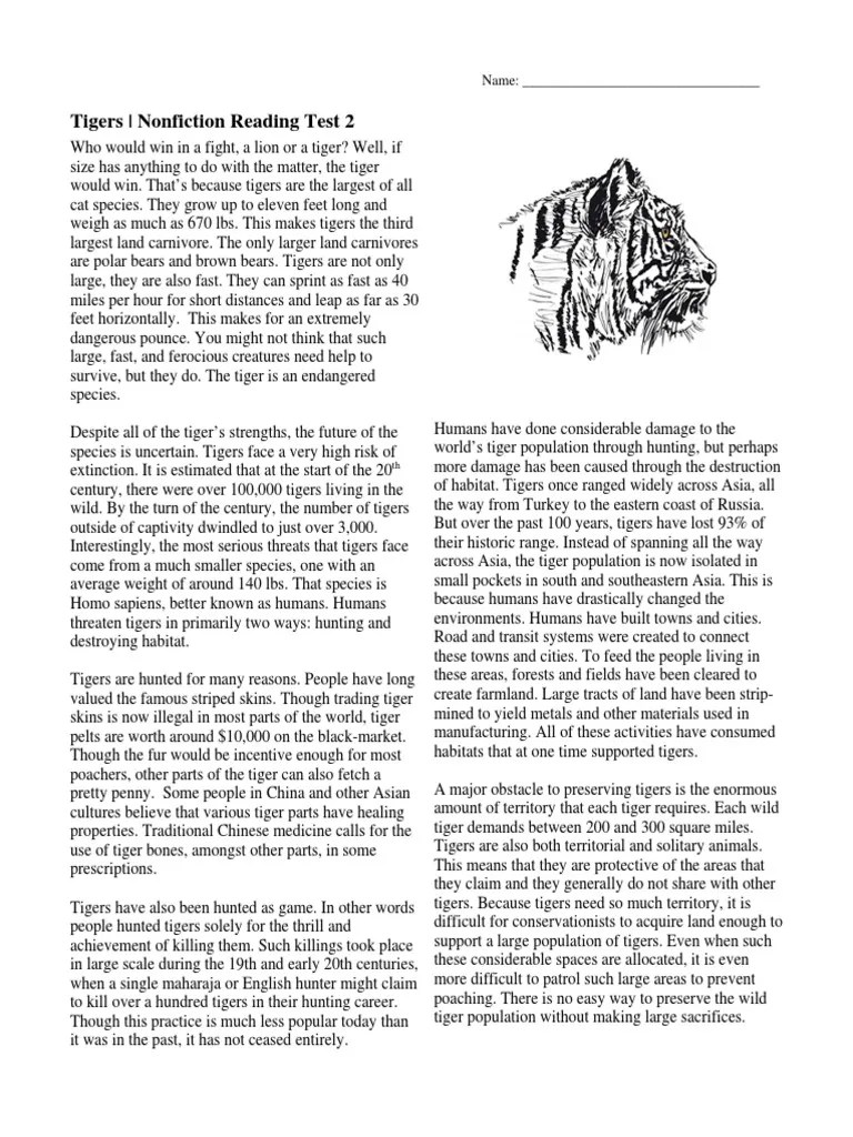 Nonfiction Reading Test (Tigers) | Tiger | Poaching
