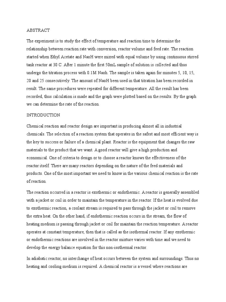 Abstract For CSTR Lab Report Chemical Reactor Chemical Reactions
