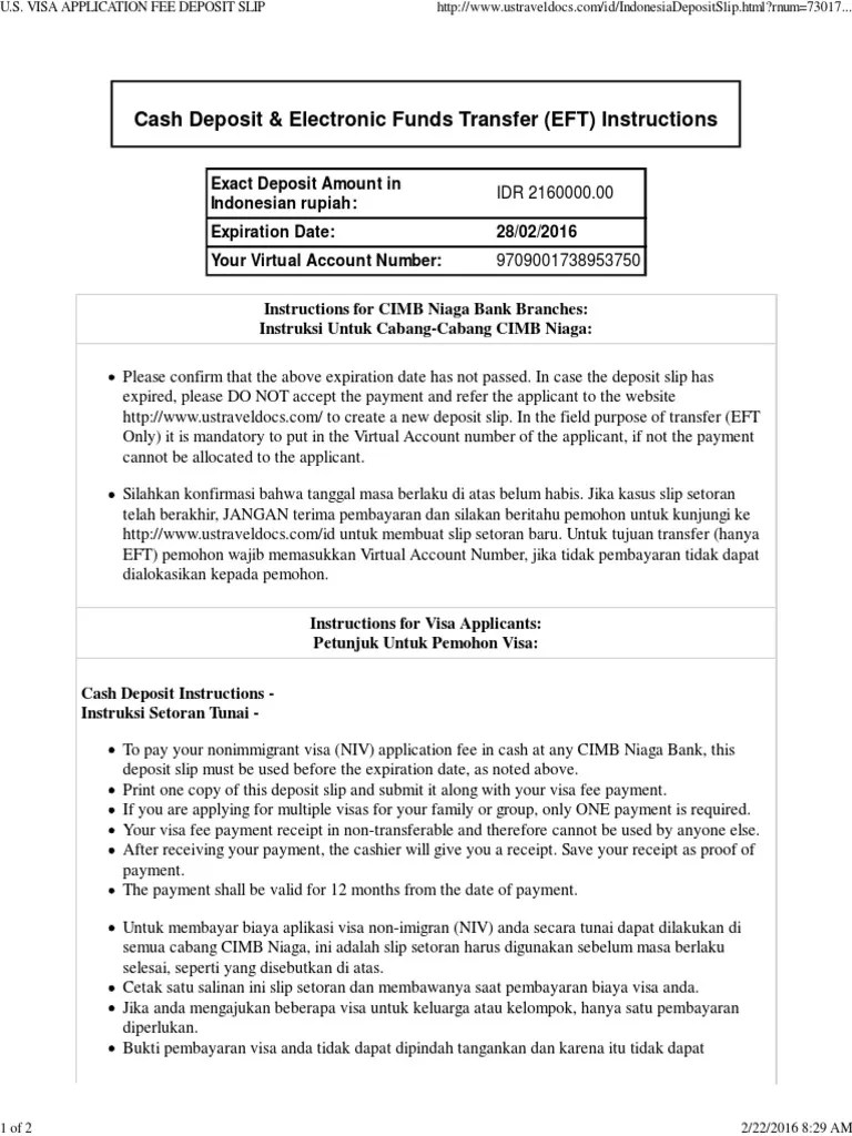 u.s. Visa Application Fee Deposit Slip (1) Payments Deposit Account
