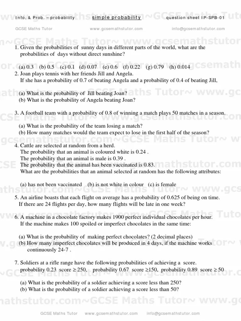 Simple Probability Worksheet, probability revision from GCSE Maths