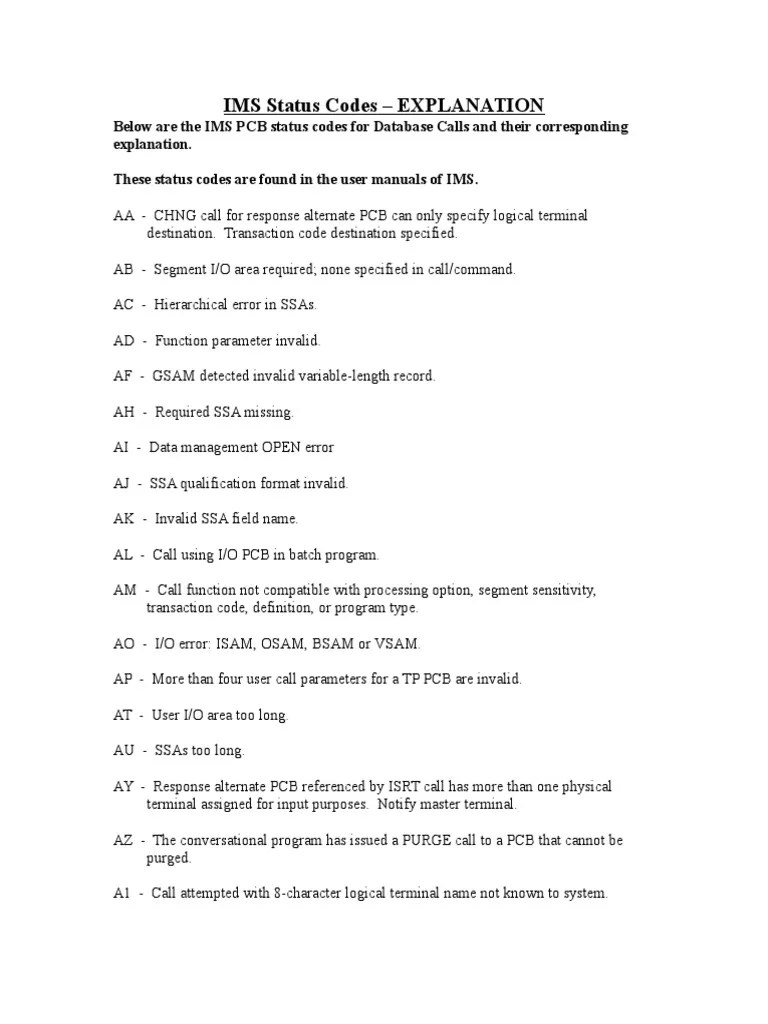 IMS Status Codes PDF Parameter Programming) Information