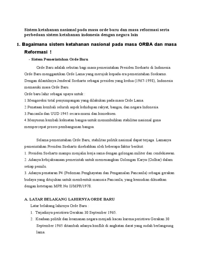 Sistem Ketahanan Nasional Pada Masa Orde Baru Dan Masa Reformasi Serta  Perbedaan Sistem Ketahanan Indonesia Dengan Negara Lain | PDF