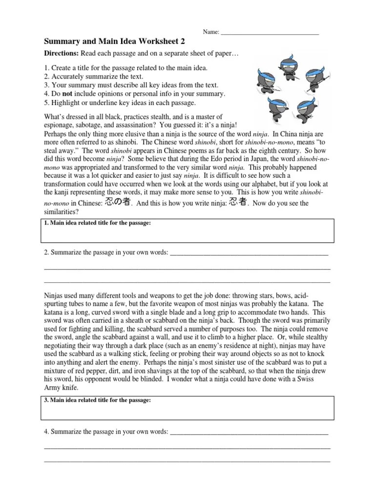 summaryandmainideaworksheet2 Ninja Sword