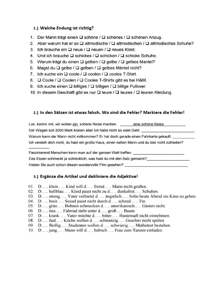 Adjektivdeklination Arbeitsblatt