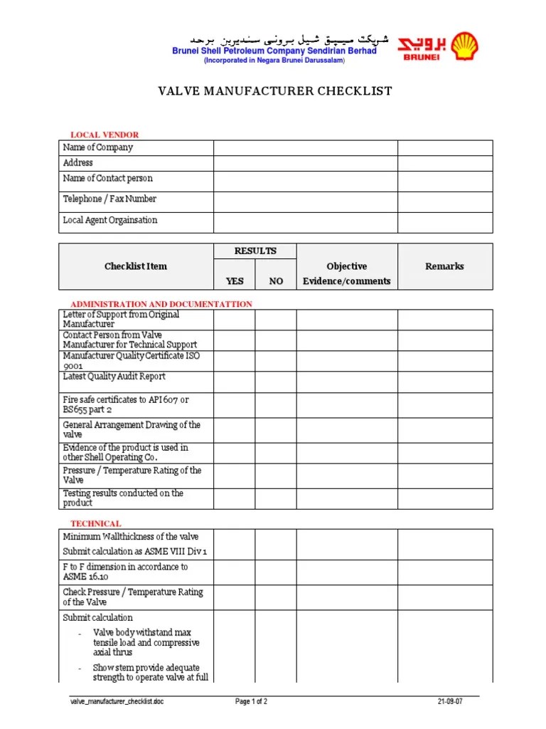 Valve Manufacturer Checklist PDF
