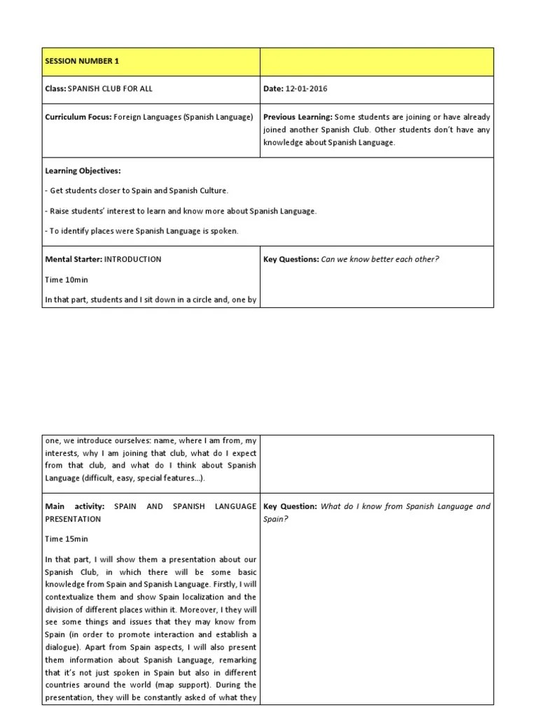 lesson plan 1 Spanish Language Lesson Plan