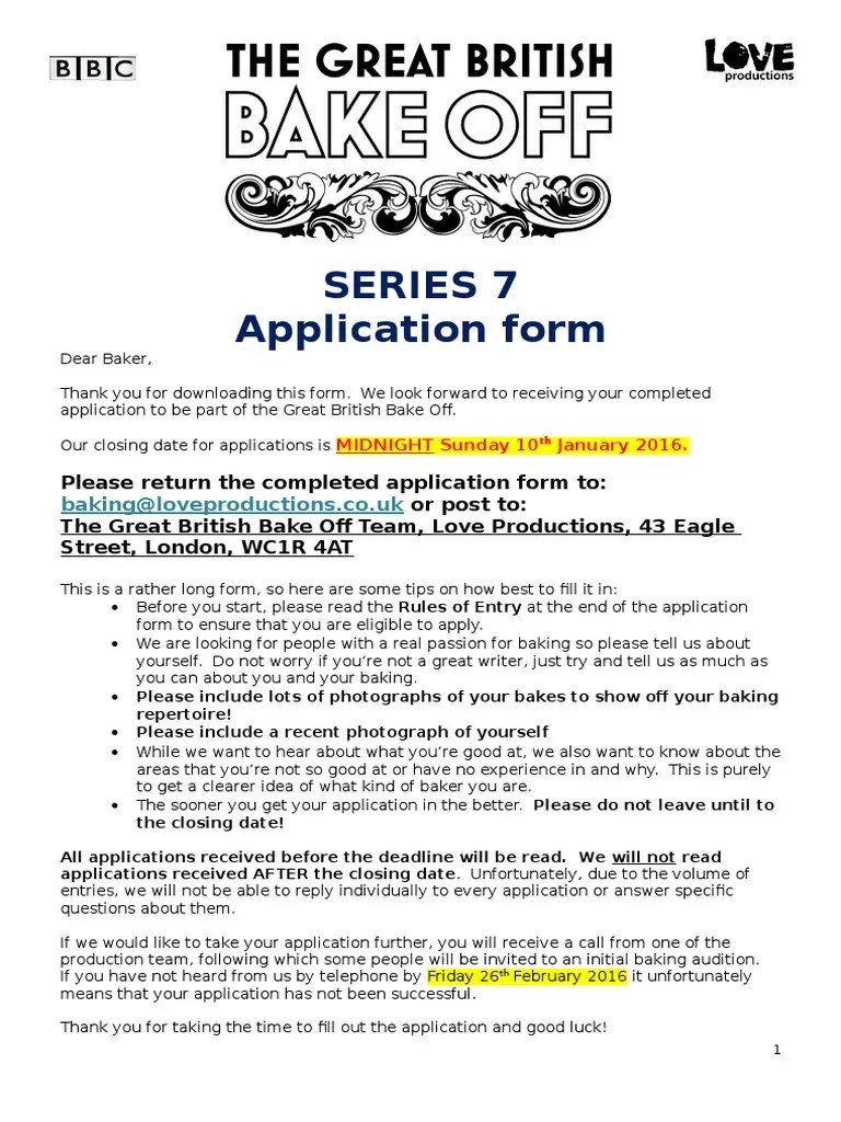 Series 7 GBBO Application Form PDF Baking Government Information