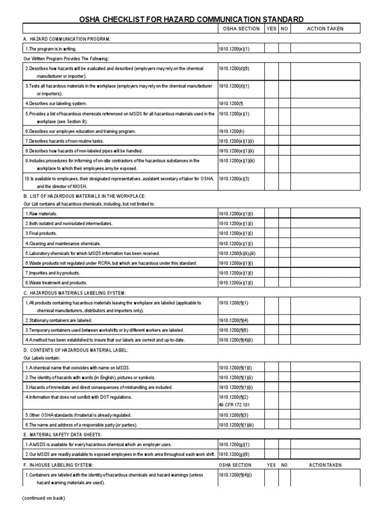 OSHA Checklist Dangerous Goods Labour Relations