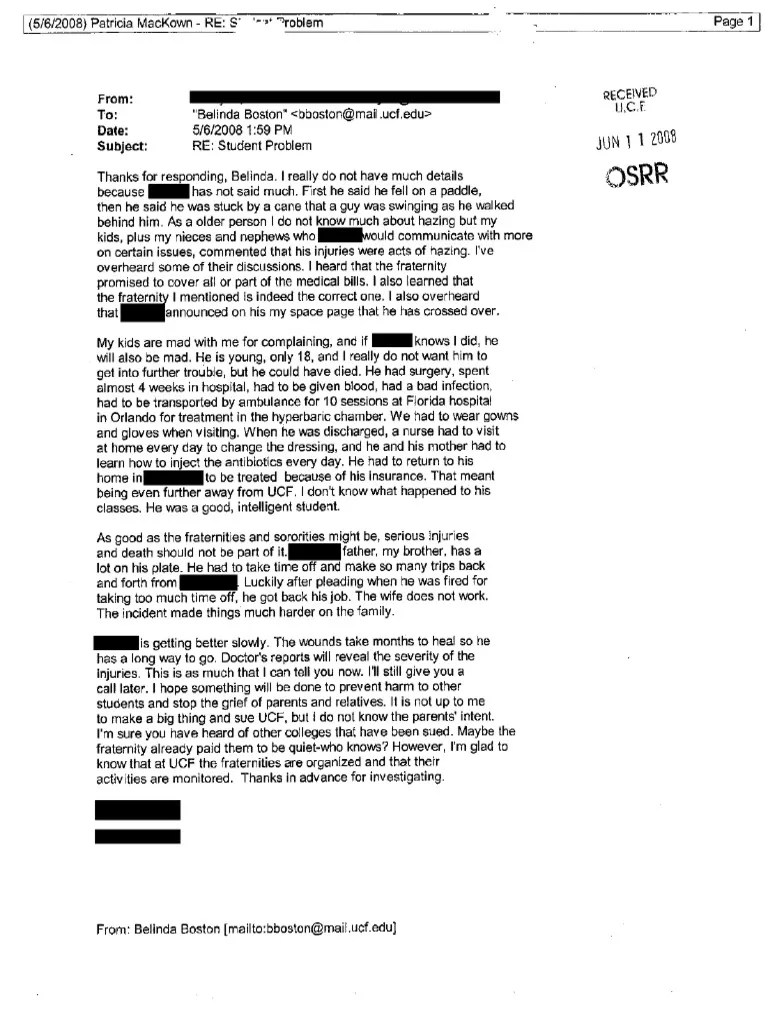 Emails From Purported Aunt Alleging Violent Hazing at