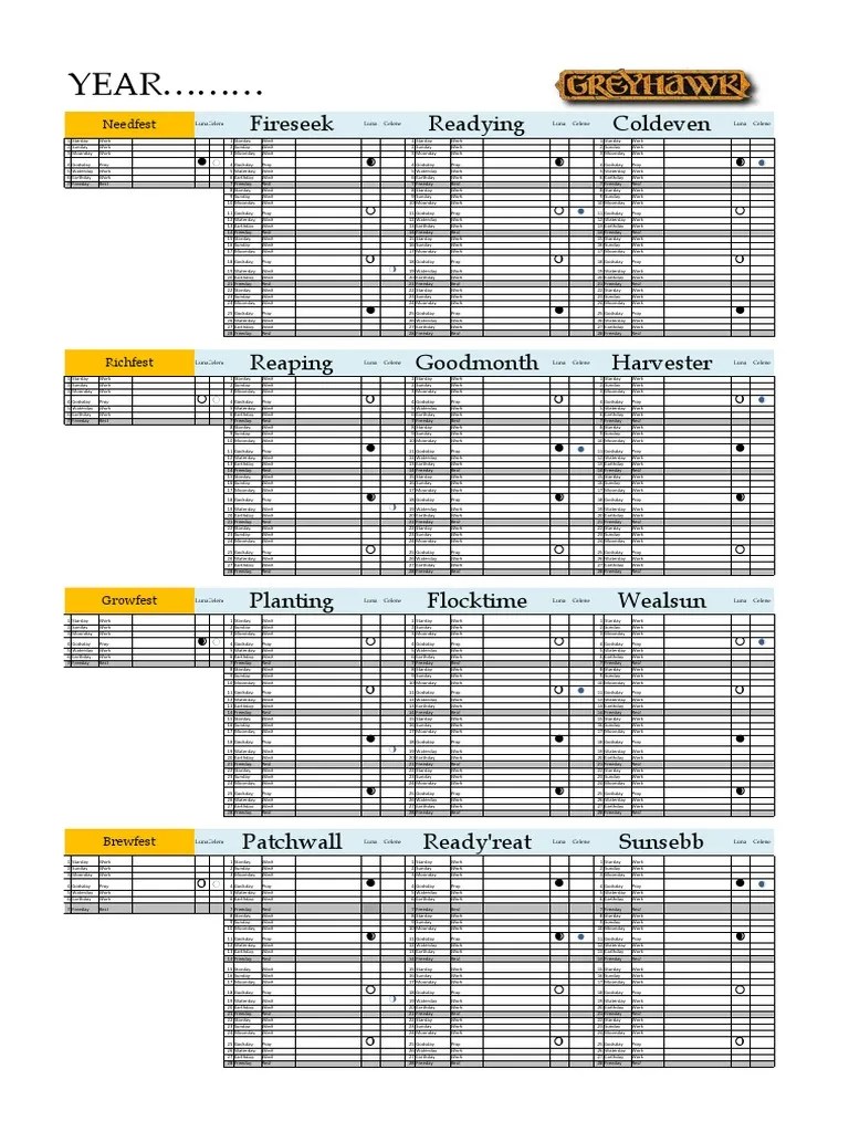 Greyhawk Calendar PDF Fantasy Worlds Wizards Of The Coast Games
