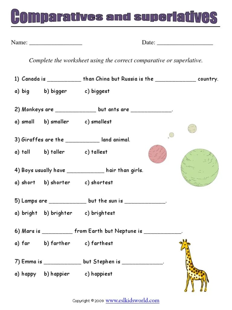 Comparatives and Superlatives 1 Worksheet