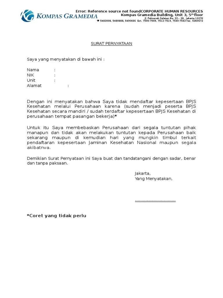 Contoh Surat Pernyataan Pembuatan Bpjs Contoh Surat