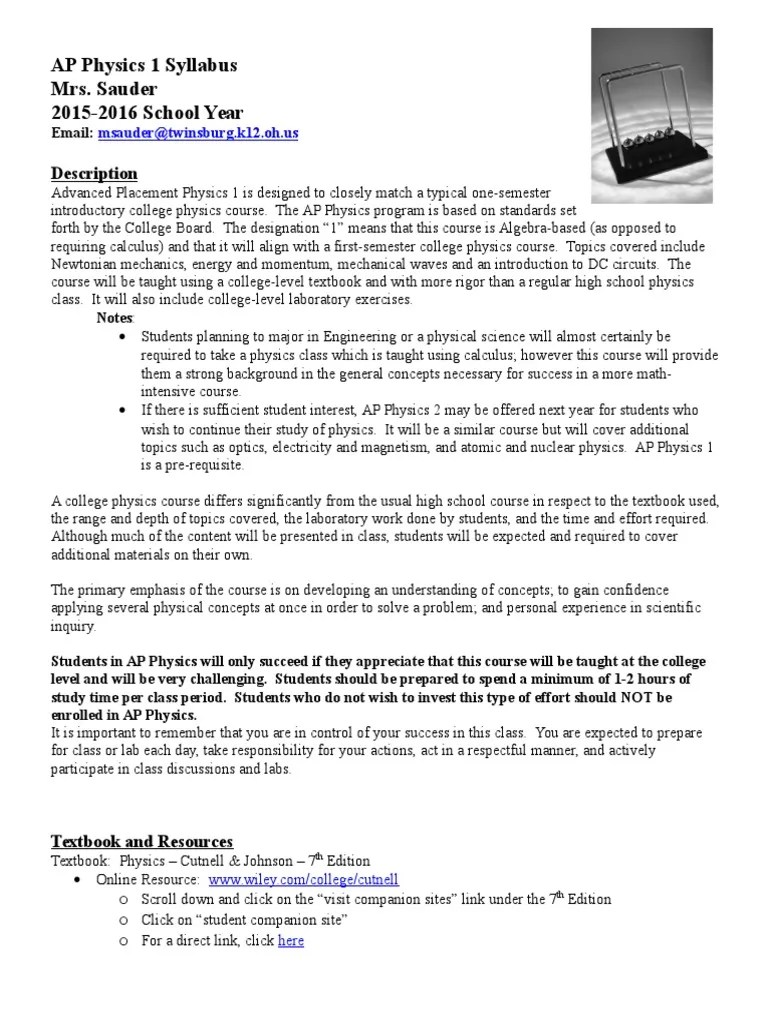 AP Physics 1 Syllabus 1516 Advanced Placement Test (Assessment)
