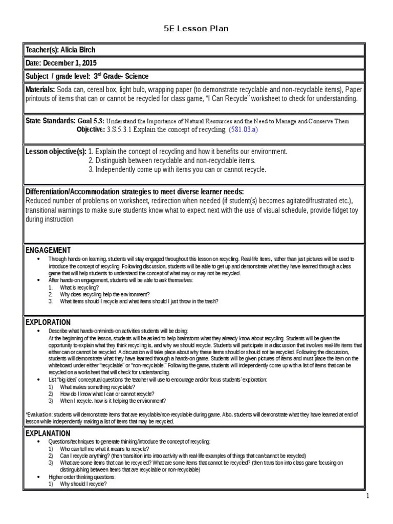 recycling lesson plan Lesson Plan Recycling