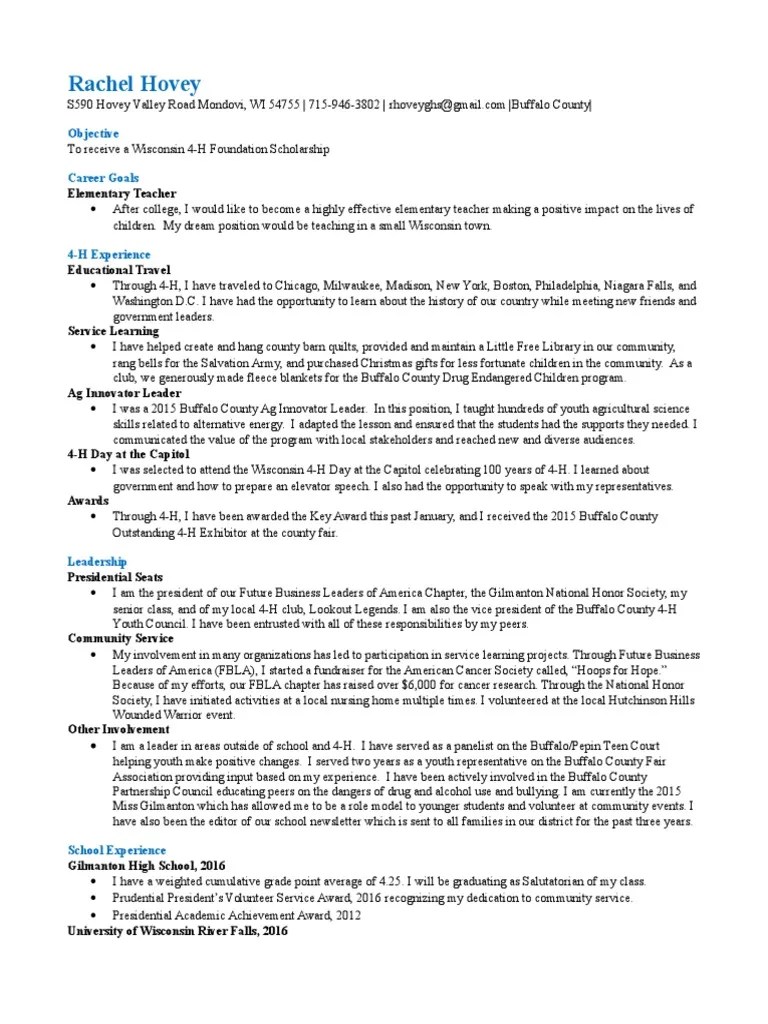 rachel hovey 4-h - resume | Wisconsin | Teachers