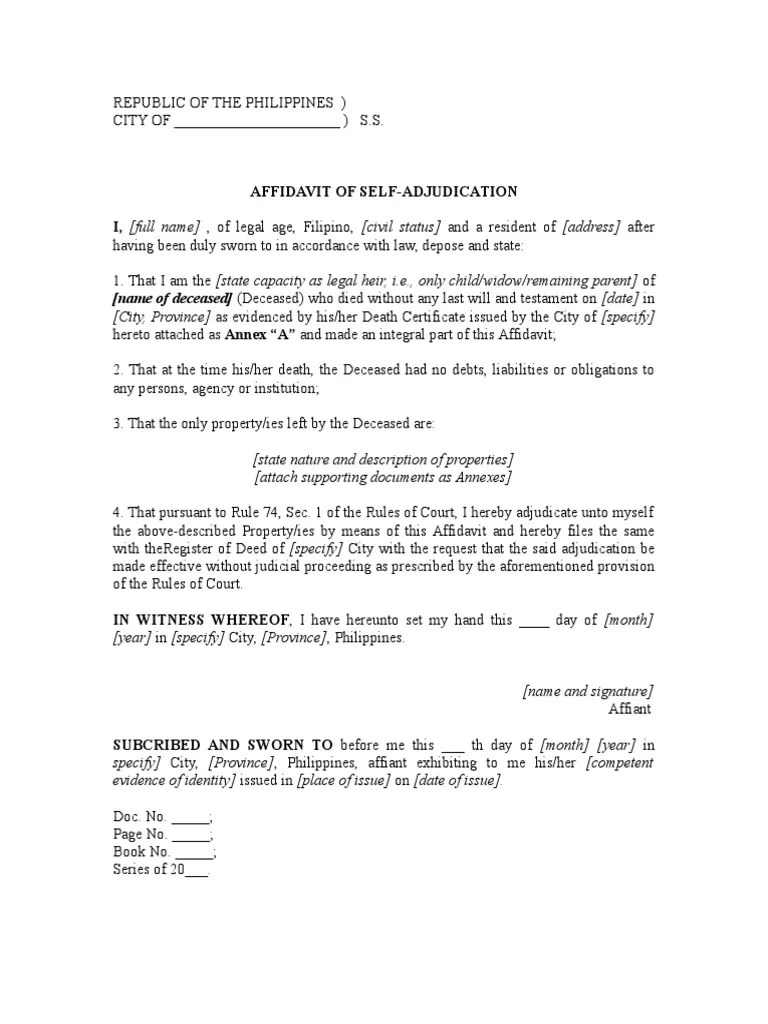 sample Affidavit of SelfAdjudication by Sole Heir