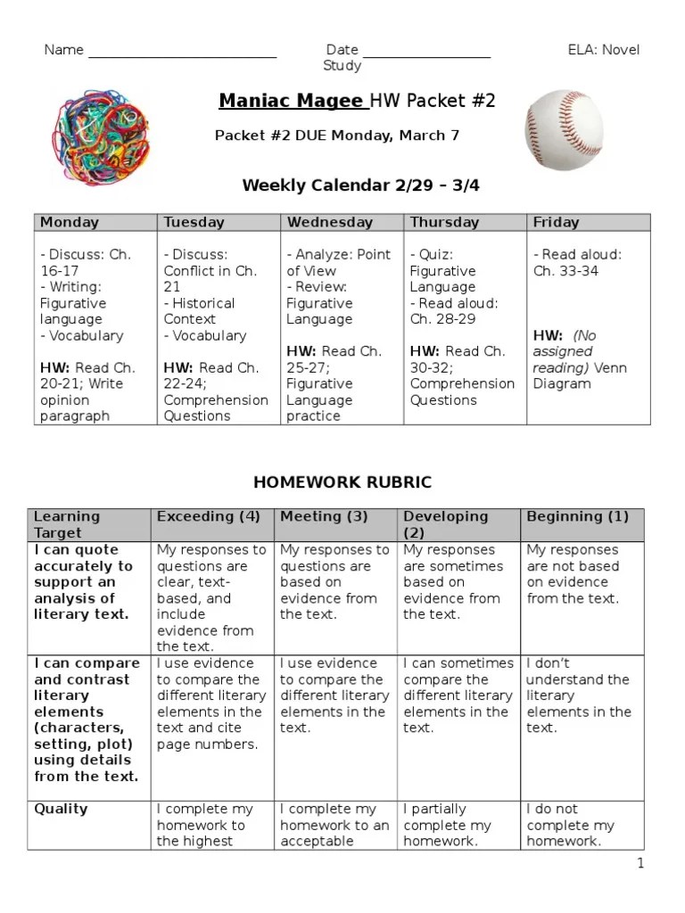 Maniac Magee HW Packet 2 Reading Comprehension