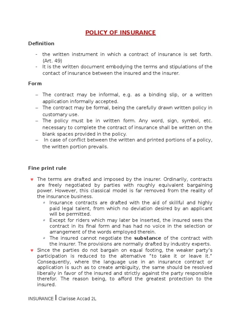 Policy of Insurance Insurance Policy Insurance