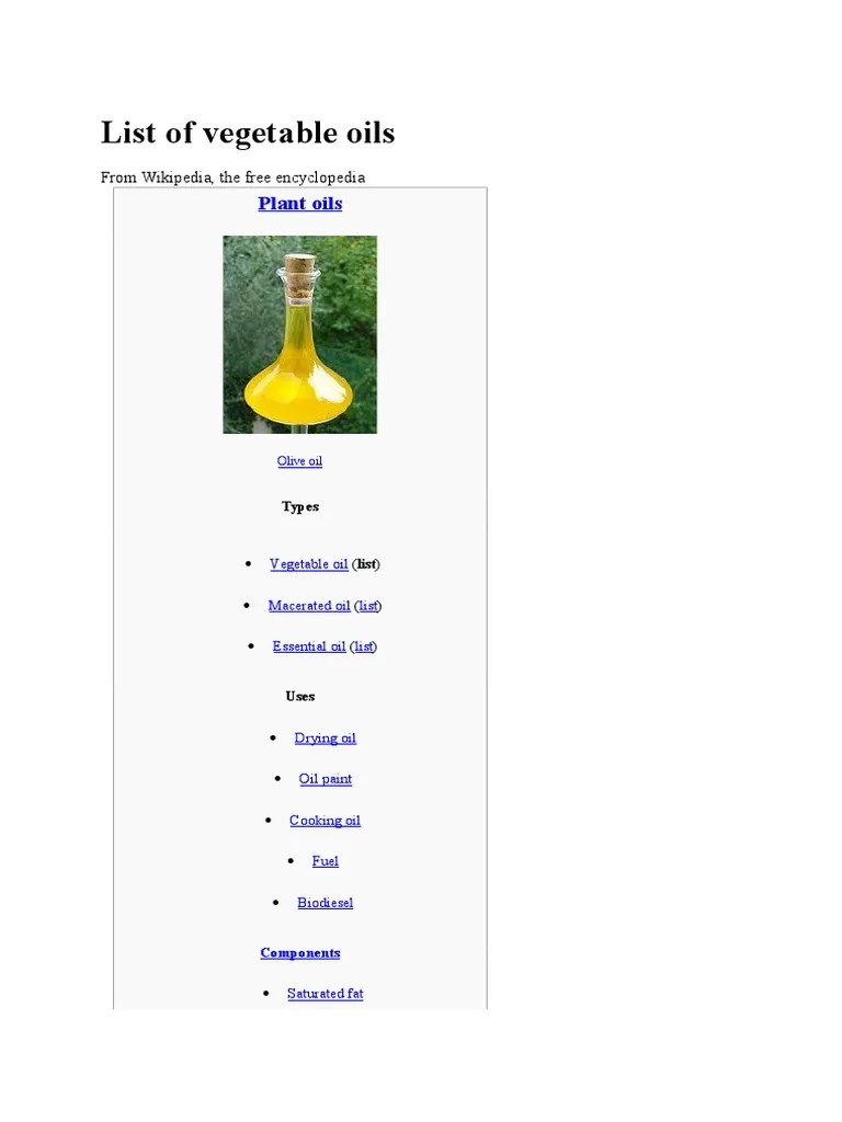 List of Vegetable Oils Vegetable Oil Cooking Oil