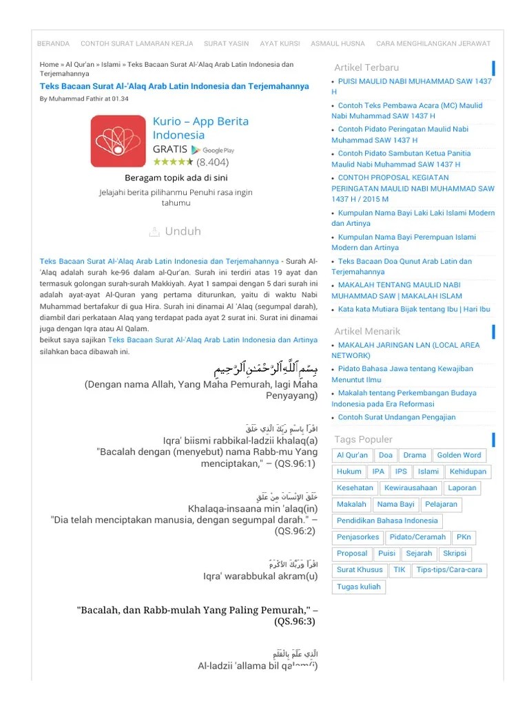 Teks Bacaan Surat Al-&lsquo;Alaq Arab Latin Indonesia Dan Terjemahannya - SEJUTA  WARNA | PDF