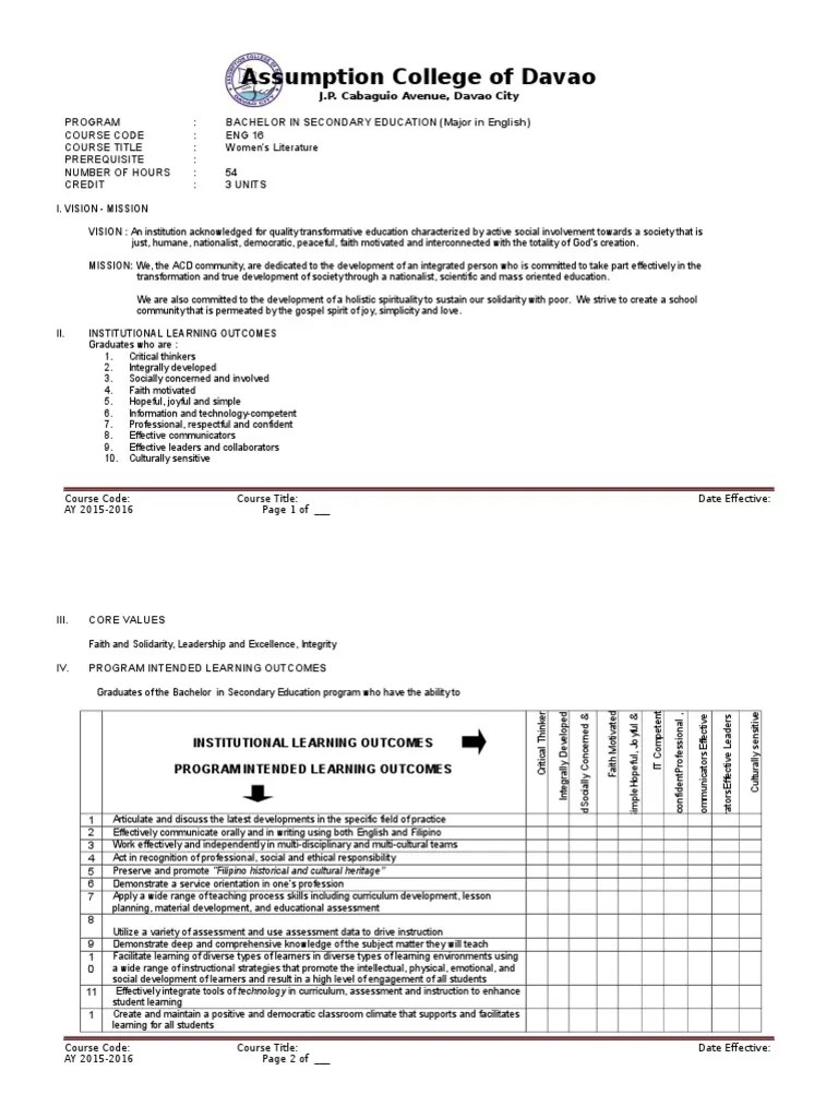 (DOC) SAMPLE OUTCOME-BASED COURSE SYLLABUS ON.