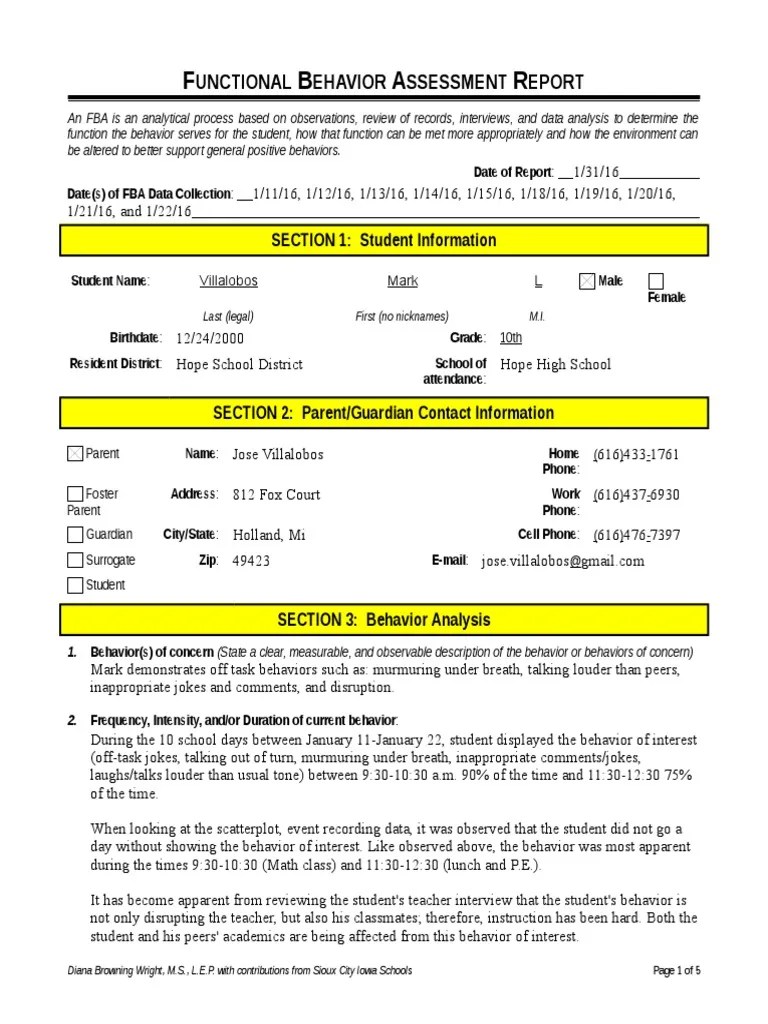 Fba Example Individualized Education Program Learning Disability