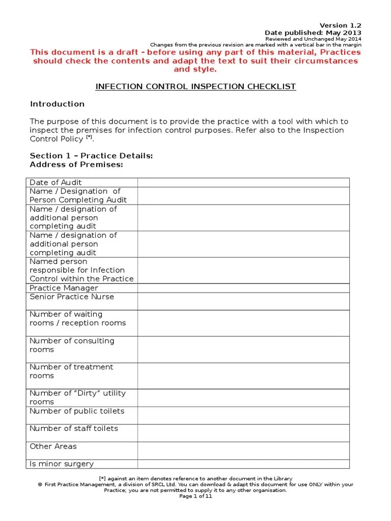 Infection Control Inspection Checklist