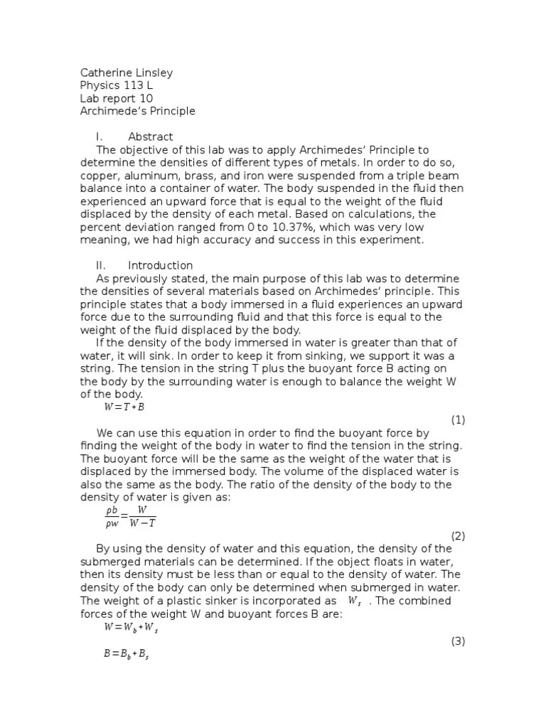 Physics Lab Report 10 Buoyancy Density