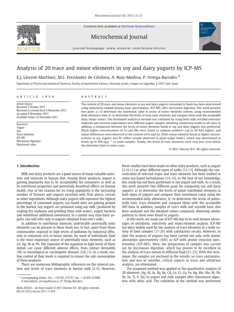 Analysis of 20 Trace and Minor Elements in Soy and Dairy Yogurts by ICPMS PDF Soybean Milk
