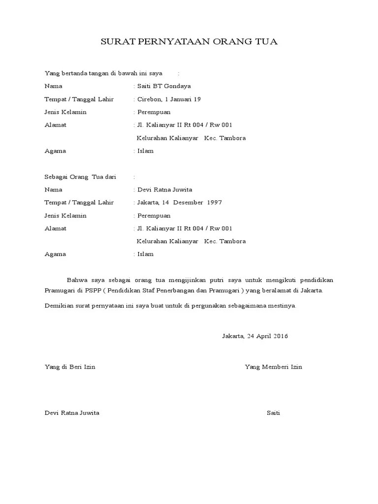 Contoh Surat Persetujuan Orang Tua Untuk Pramugari Dapatkan Contoh