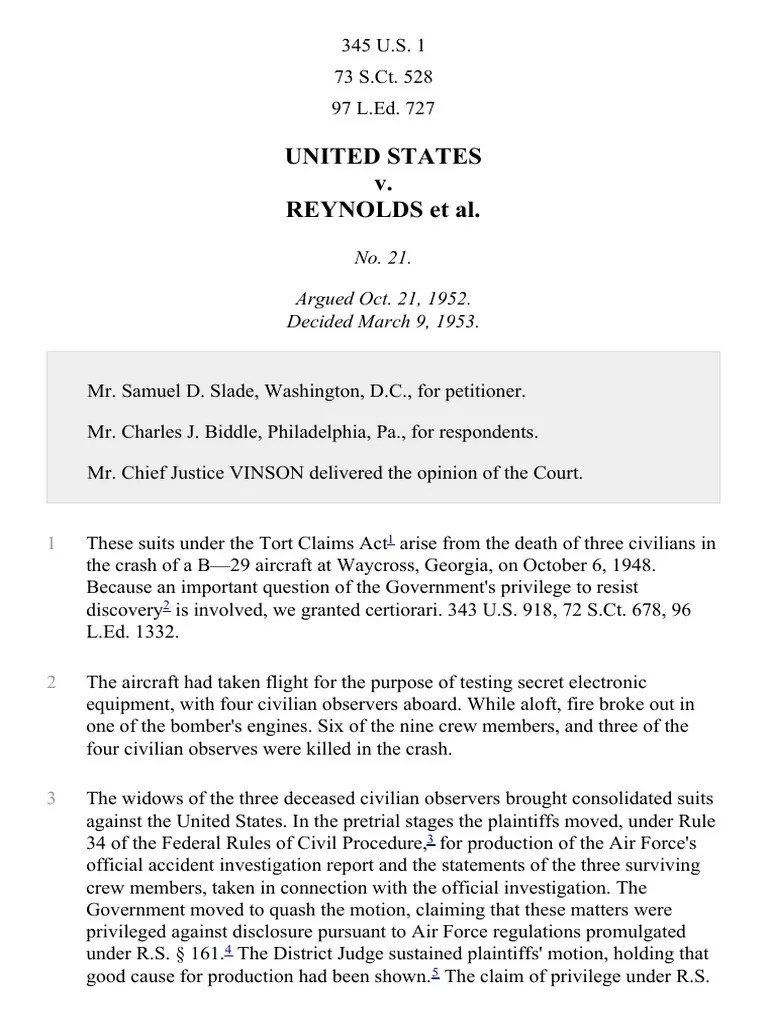 United States v. Reynolds, 345 U.S. 1 (1953) Supreme Court Of The