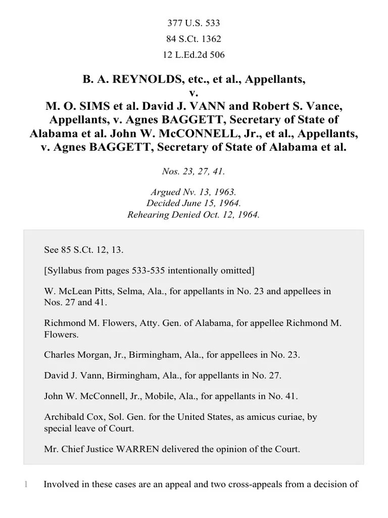 Reynolds v. Sims, 377 U.S. 533 (1964) Apportionment (Politics