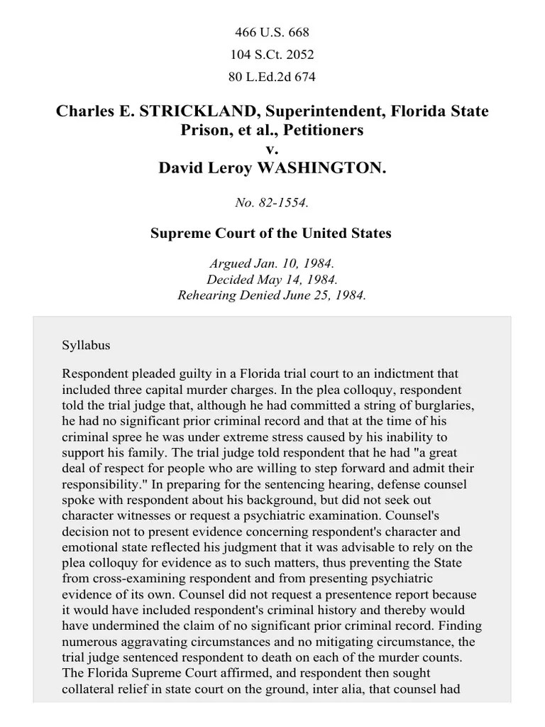 Strickland v. Washington, 466 U.S. 668 (1984) Sixth Amendment To The