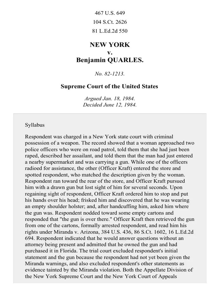 New York v. Quarles, 467 U.S. 649 (1984) PDF Miranda Warning Self