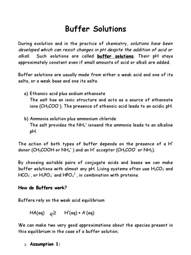 Buffer Solutions How Do Buffers Work? PDF Buffer Solution Acid