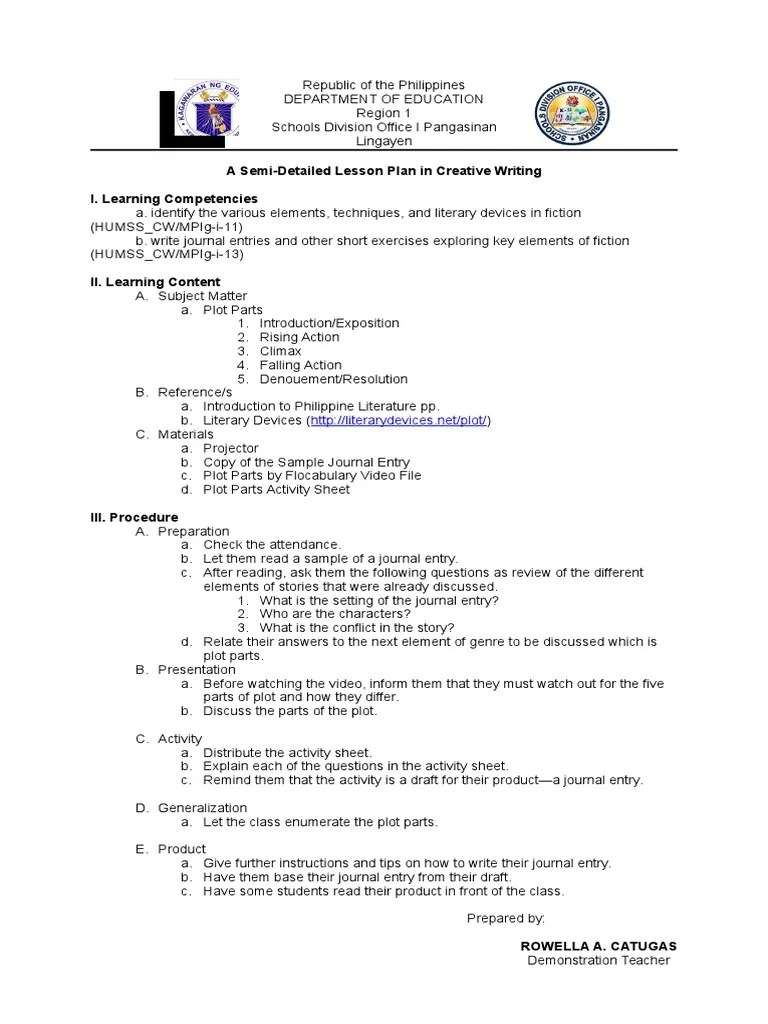 Semi Detailed Lesson Plan for Demo Teaching Shs Application Plot