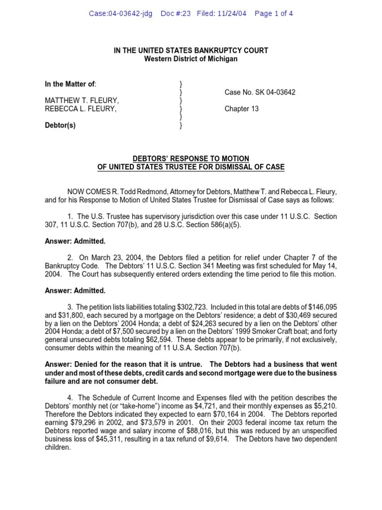Debtors (Rebecca Fleury's) Response To Motion To DismissFleury Chapter