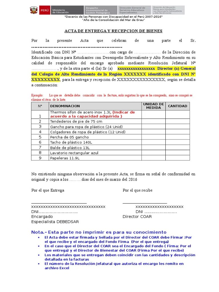 Acta de Entrega de Materiales, Bienes Materiales Química Orgánica