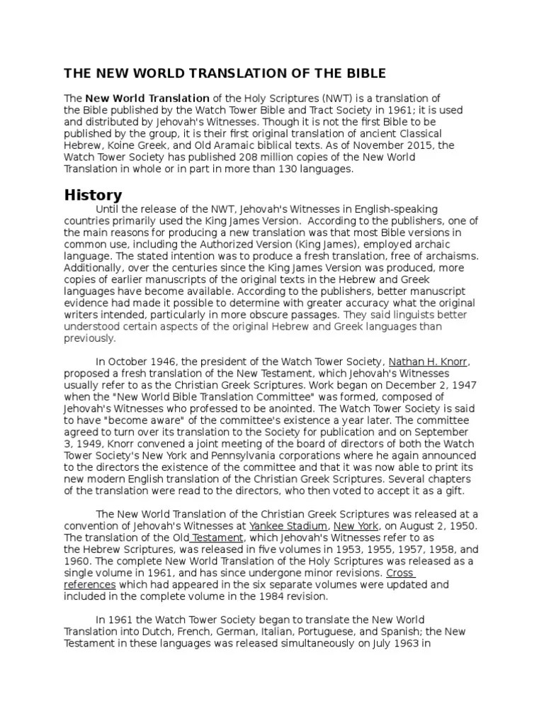 The New World Translation of The Bible PDF Tetragrammaton Religious Texts