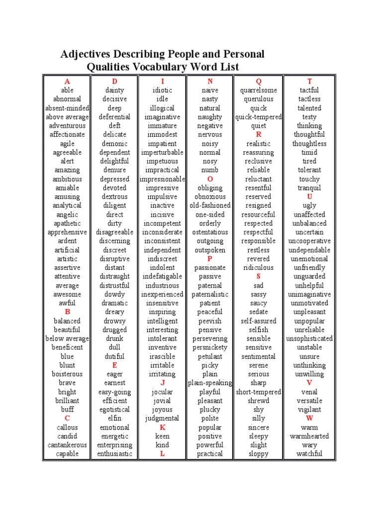 Adjectives Describing People and Personal Qualities Vocabulary Word