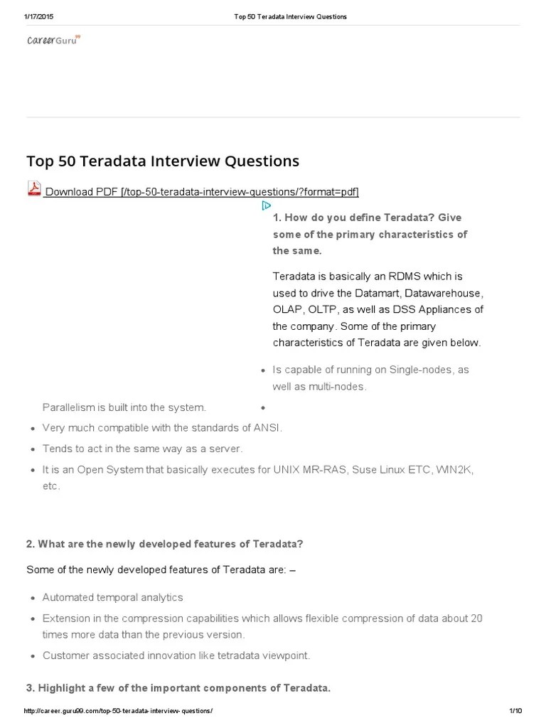 Top 50 Teradata Interview Questions Database Index Databases Free