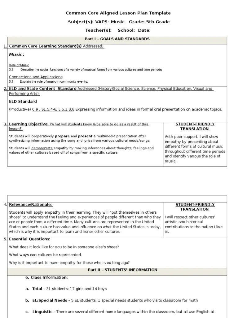 Common Core Aligned Lesson Plan Template Subject(s) VAPSMusic Grade 5th Grade Teacher(s