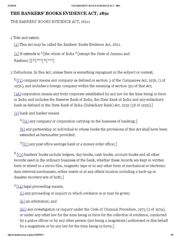 The Bankers� Books Evidence Act, 1891 Evidence Banks
