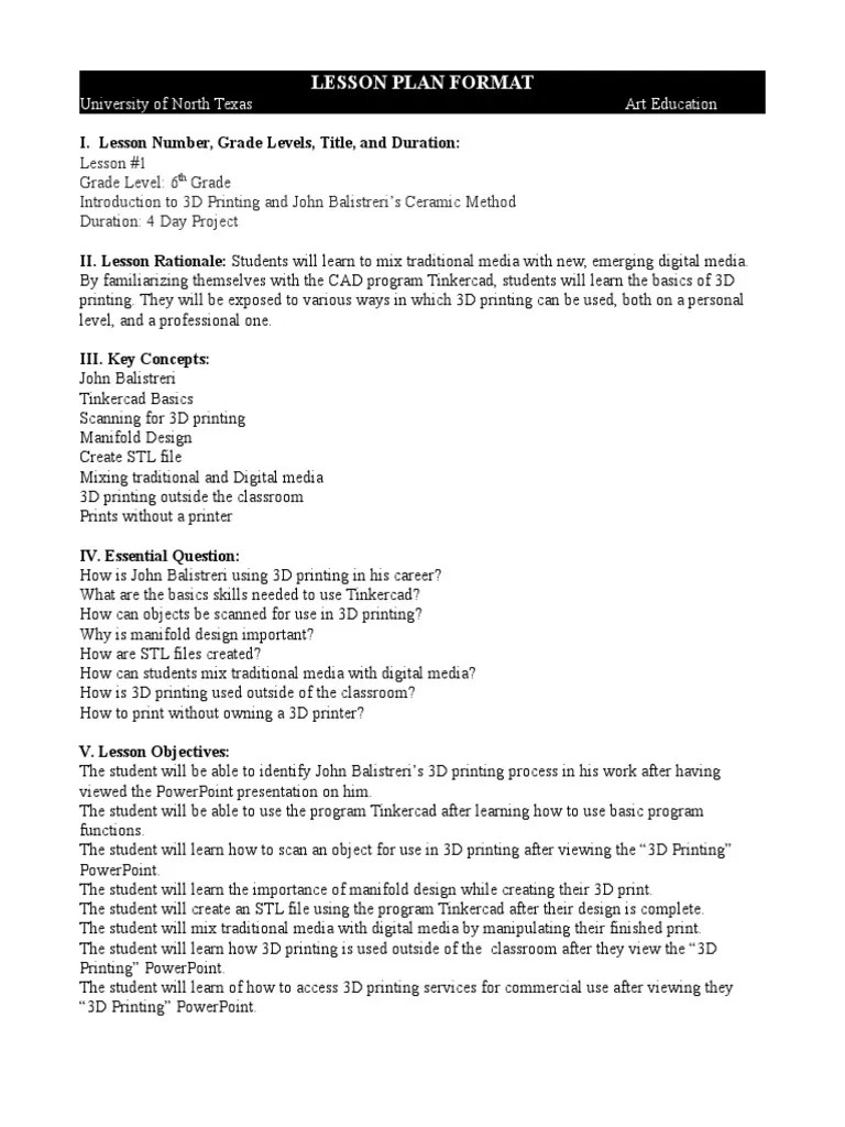 3d printing lesson plan final complete 3 D Printing Technology
