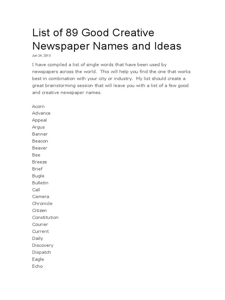 List of 89 Good Creative Newspaper Names and Ideas Newspapers